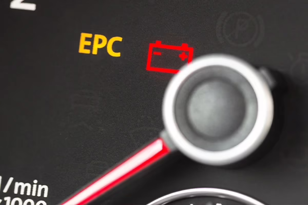 battery warning light illuminated on car dashboard