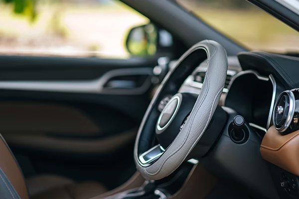 Steering wheel up close